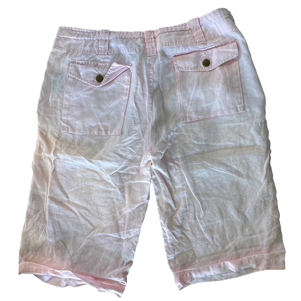 Review Pink Linen Blend Cropped Capri Pants Women Size 44 Snap Button Detail‎